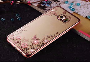 Луксозен силиконов гръб ТПУ ултратънък с 3D камъни и златисто розов кант за Samsung Galaxy S6 EDGE G925 розови цветя